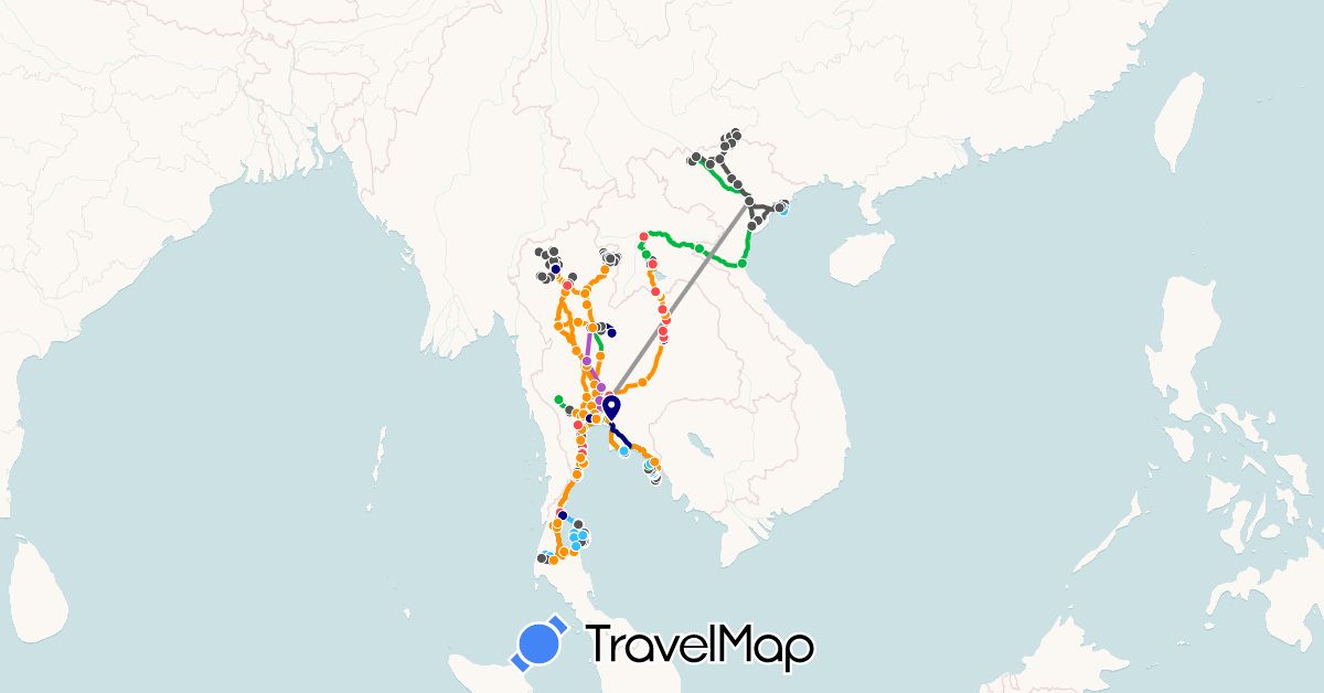 TravelMap itinerary: driving, bus, plane, train, hiking, boat, hitchhiking, motorbike, car in Laos, Thailand, Vietnam (Asia)